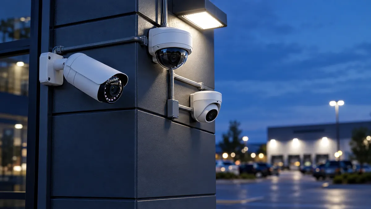 Bullet, dome and turret security cameras installed together on a commercial building corner at dusk
