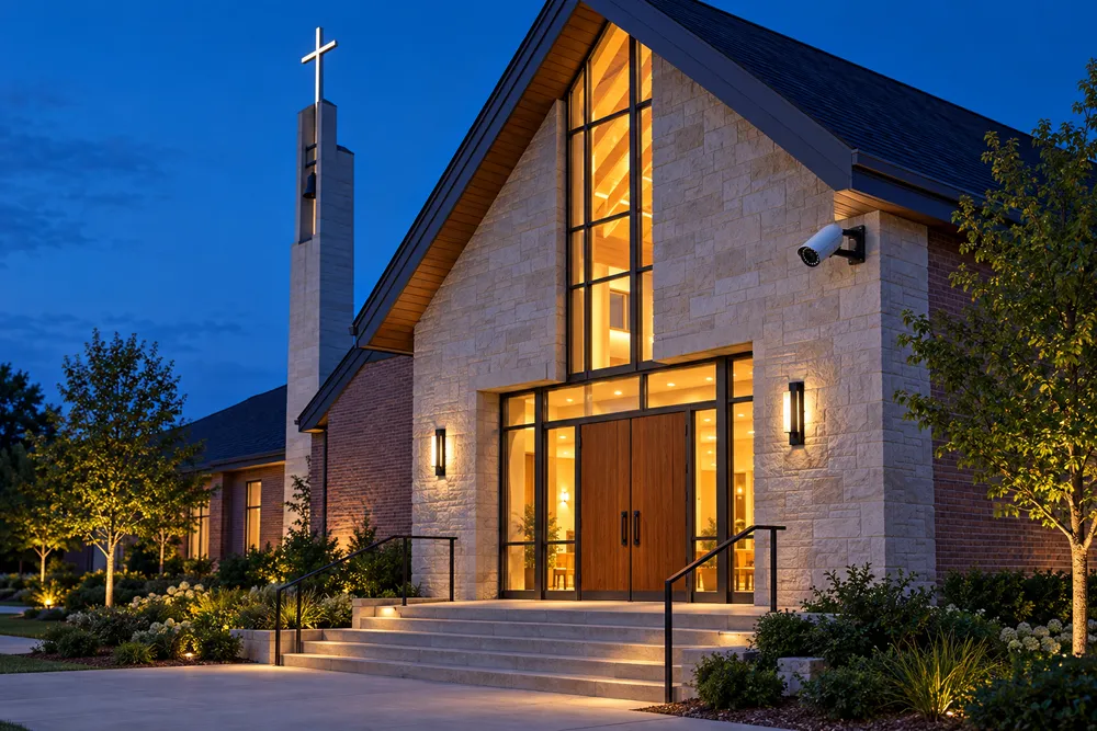 Stone church entrance with a steeple at dusk and a security camera mounted beside the doors